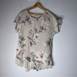 terzo millennio linen top Tan Floral Print Short Sleeve Button Back Detail Small